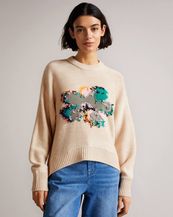 apģērbs Ted Baker lejah teksturēts ziedu vilnas džemperis gaiši brūns sievietes 26TV630