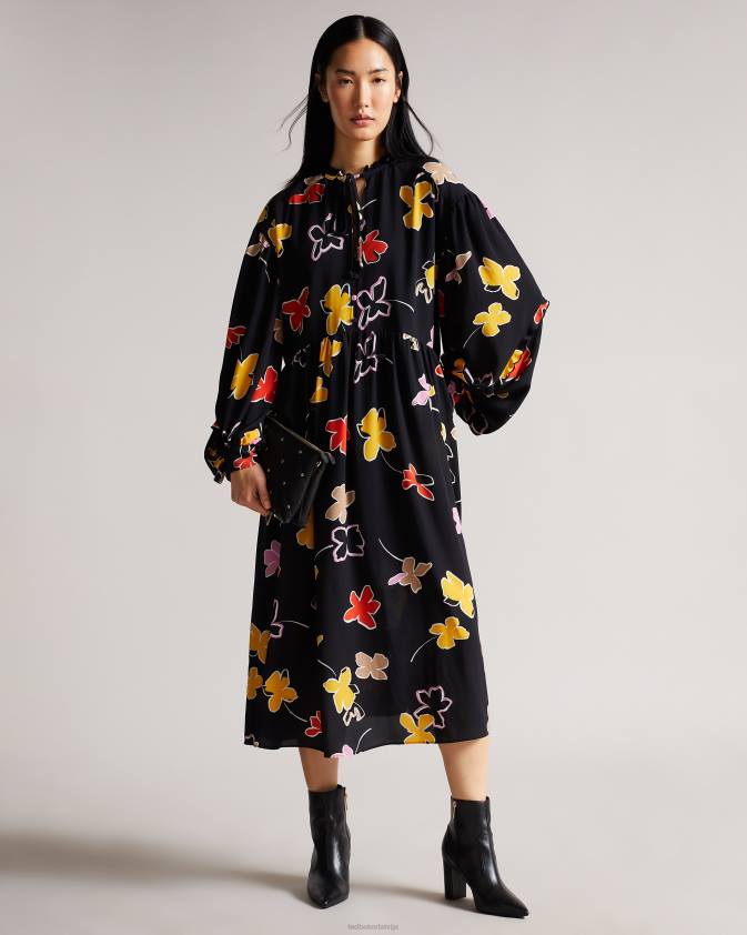 apģērbs Ted Baker yviee new world oversized midi kleita ar volāniem melns sievietes 26TV538