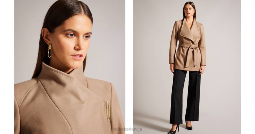 apģērbs Ted Baker rožu vilnas ietīts īss mētelis kamielis sievietes 26TV258