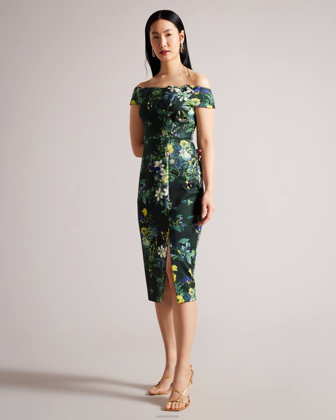 apģērbs Ted Baker divena ziedu kroku bardot bodycon kleita tumši zaļa sievietes 26TV215