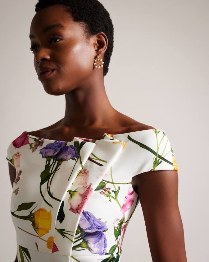 apģērbs Ted Baker loveina ziedu Bardot bodycon kleita balts sievietes 26TV171