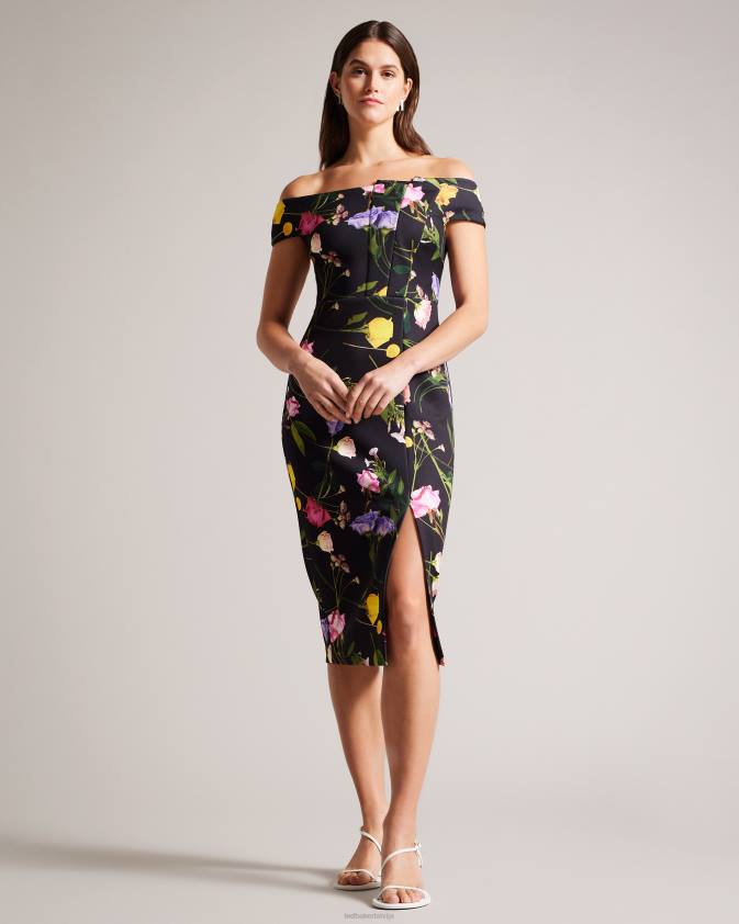 apģērbs Ted Baker loveina ziedu Bardot bodycon kleita melns sievietes 26TV172