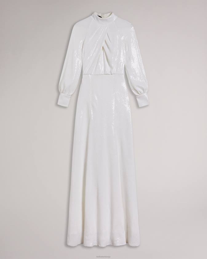 apģērbs Ted Baker ar maijsrozi drapētiem fliteriem izrotāta maksi kleita balts sievietes 26TV137