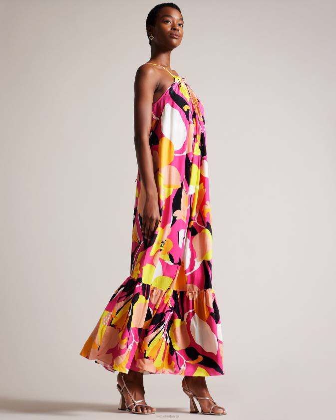 apģērbs Ted Baker ikella abstract print kroku halter maxi kleita spilgti rozā sievietes 26TV350