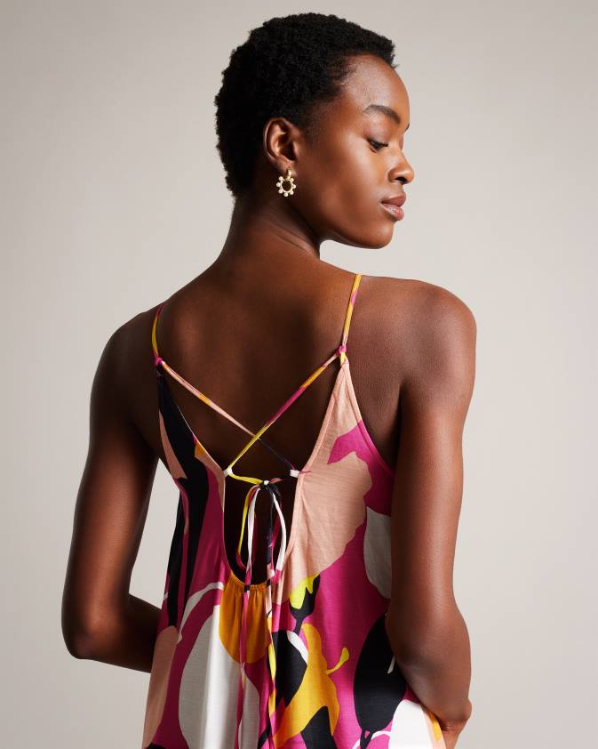 apģērbs Ted Baker ikella abstract print kroku halter maxi kleita spilgti rozā sievietes 26TV350