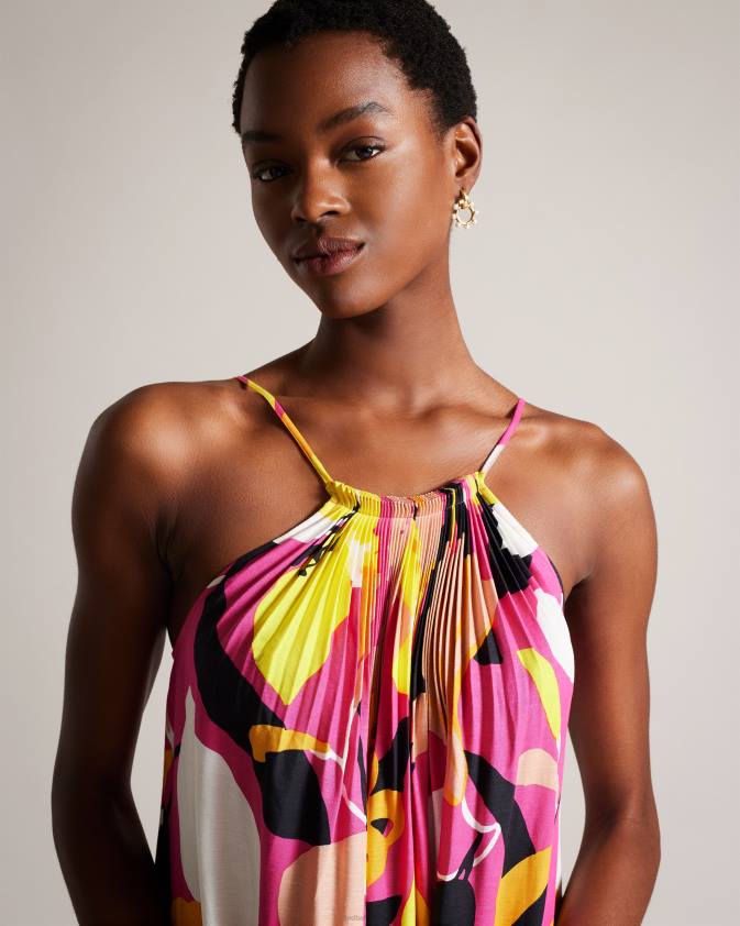 apģērbs Ted Baker ikella abstract print kroku halter maxi kleita spilgti rozā sievietes 26TV350