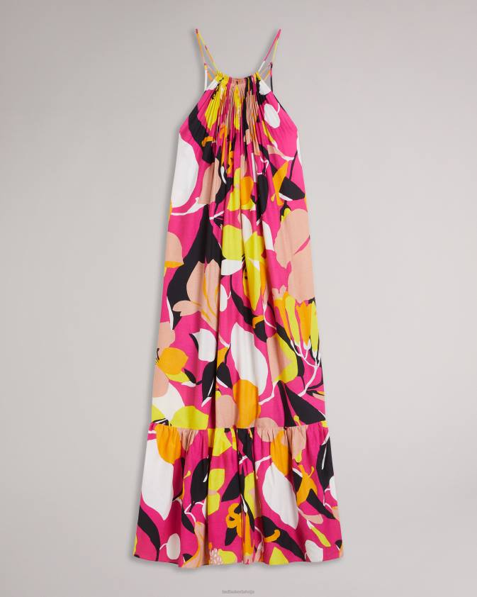 apģērbs Ted Baker ikella abstract print kroku halter maxi kleita spilgti rozā sievietes 26TV350