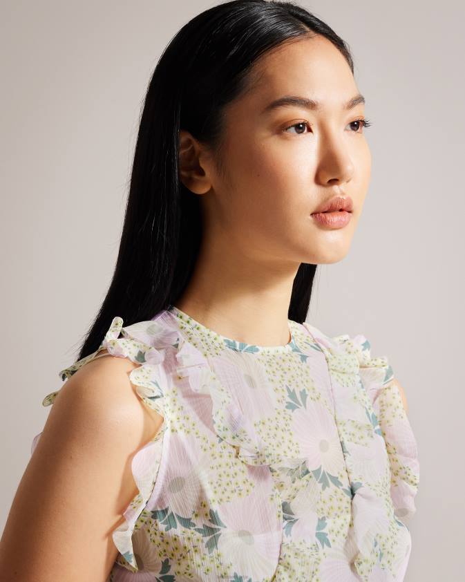 apģērbs Ted Baker calinia bezpiedurkņu ūdenskrituma volānu midi kleita ceriņi sievietes 26TV30