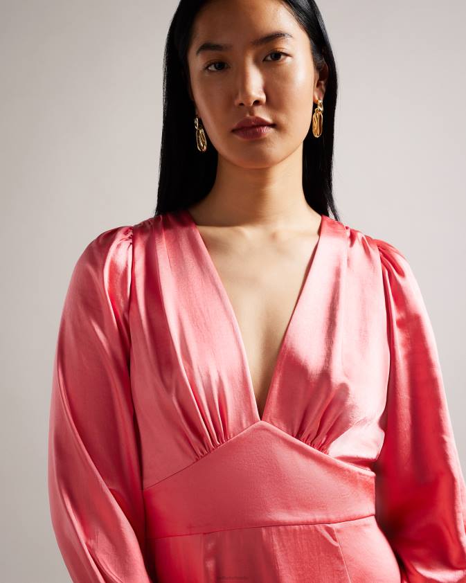 apģērbs Ted Baker daniia satin midi kleita ar blūza piedurknēm koraļļi sievietes 26TV1