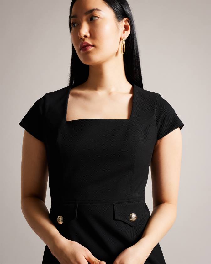 apģērbs Ted Baker josiaad kvadrātveida kakla militārā midi kleita melns sievietes 26TV162