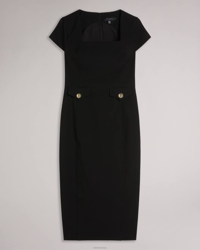 apģērbs Ted Baker josiaad kvadrātveida kakla militārā midi kleita melns sievietes 26TV162