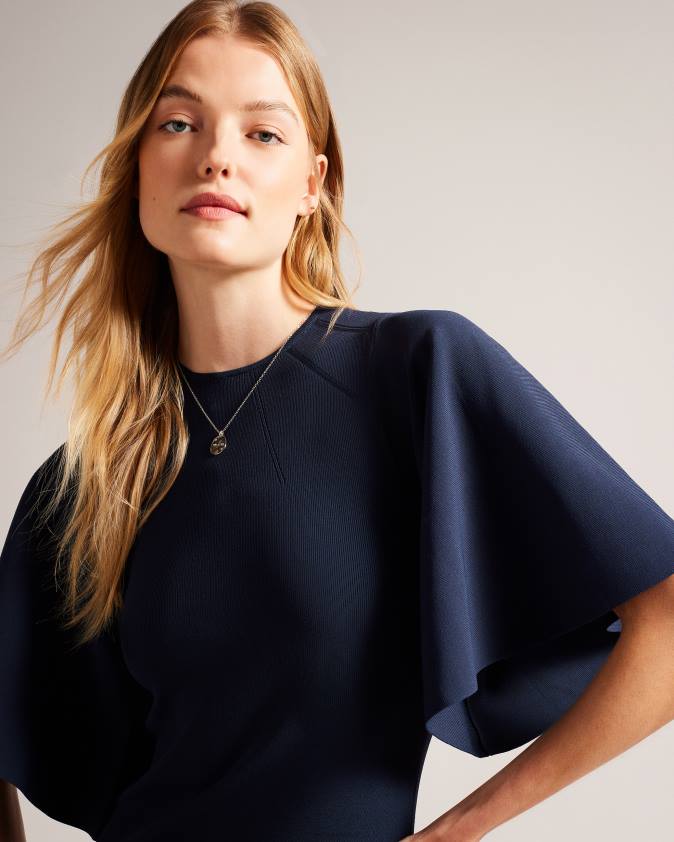 apģērbs Ted Baker lounia ar rievām piedurknēm trikotāžas bodycon midi kleita tumši zils sievietes 26TV187