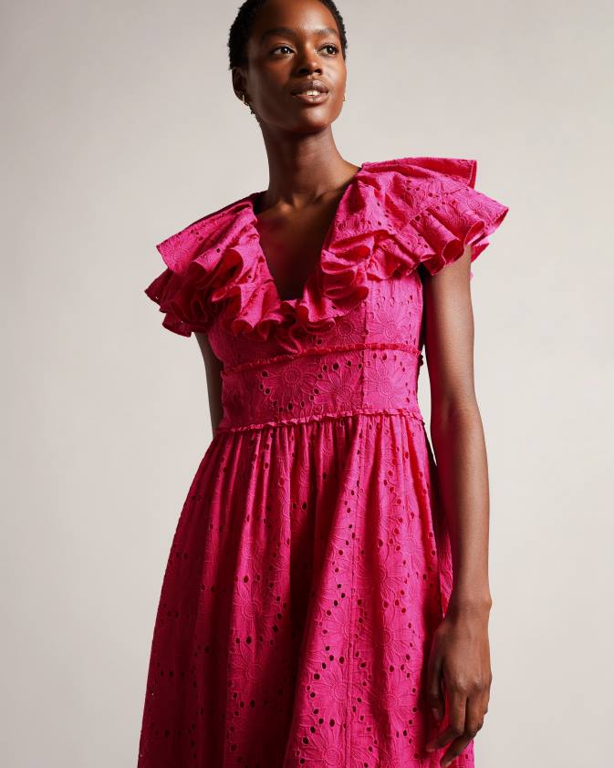 apģērbs Ted Baker mirza ruffled v neck midi sundress spilgti rozā sievietes 26TV245