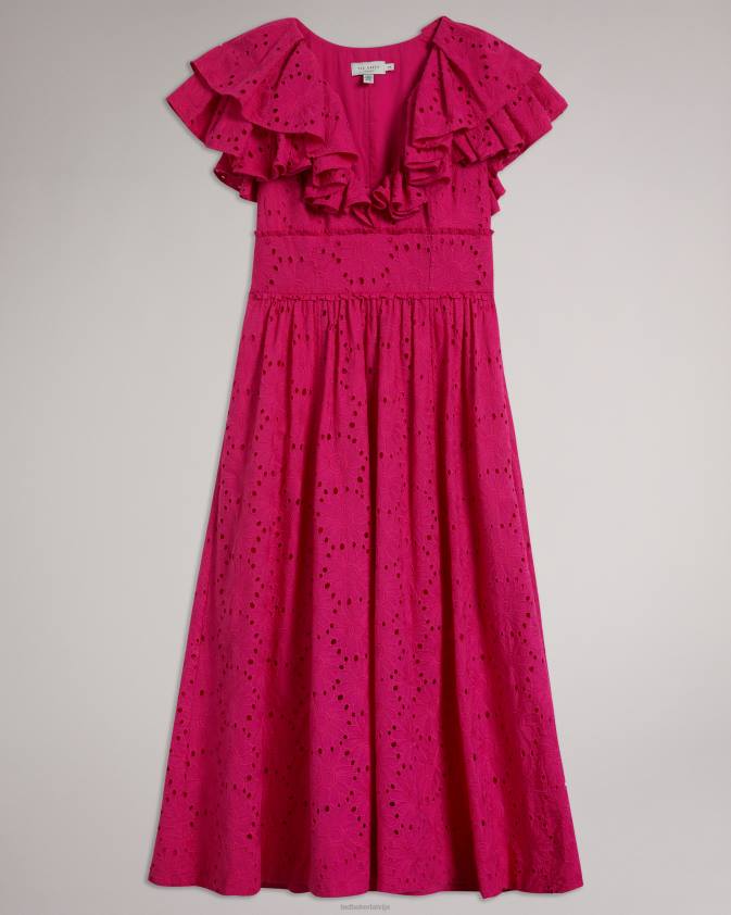 apģērbs Ted Baker mirza ruffled v neck midi sundress spilgti rozā sievietes 26TV245