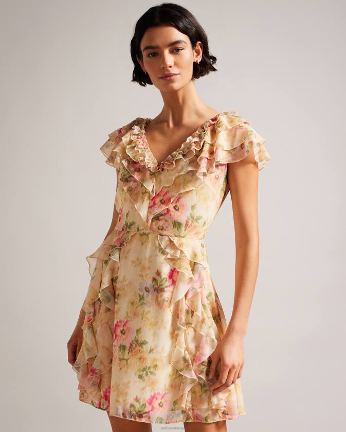apģērbs Ted Baker ammiah frilled floral v kakla mini kleita iedegums sievietes 26TV22