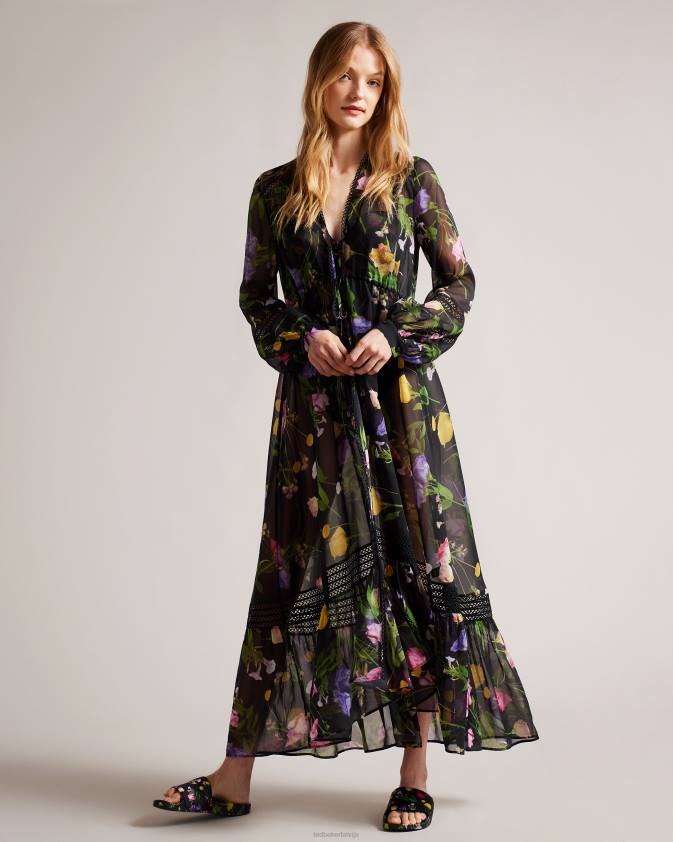 kurpes Ted Baker azzi ziedu apdrukāti satīna slīdņi melns sievietes 26TV905