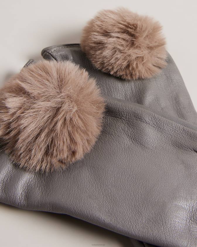 Piederumi Ted Baker nacy pom pom detaļu ādas cimdi pelēks sievietes 26TV1168