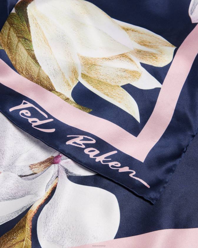 Piederumi Ted Baker sallyy tīra zīda ziedu kvadrātveida šalle tumši zils sievietes 26TV962