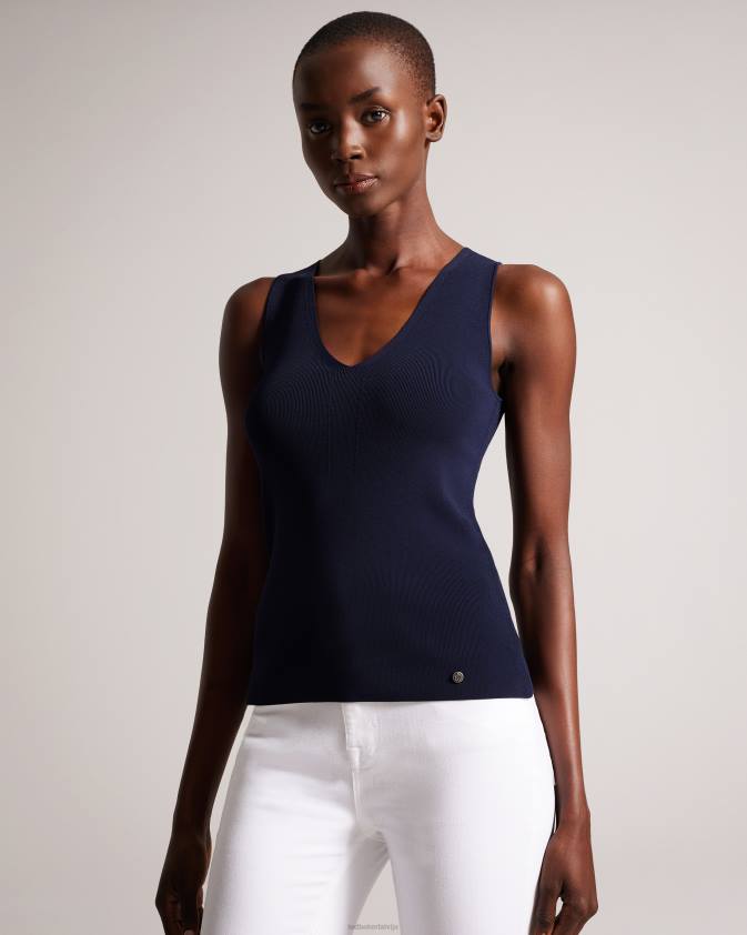 apģērbs Ted Baker josiiy v-neck slim fit trikotāžas tops tumši zils sievietes 26TV179