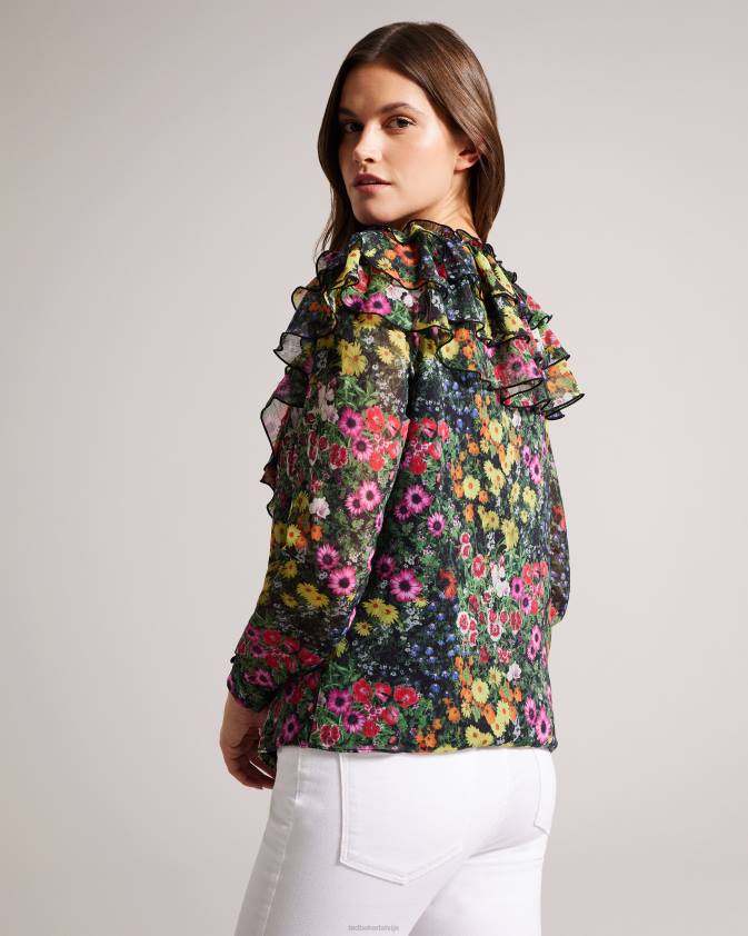 apģērbs Ted Baker amell frilled v kakla blūze ar garām piedurknēm melns sievietes 26TV327