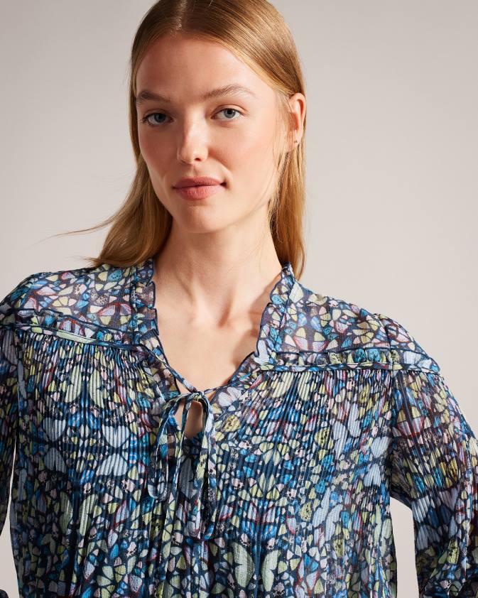 apģērbs Ted Baker florrei šūpoles blūze ar volāniem un kaklasaiti vidēji zils sievietes 26TV75