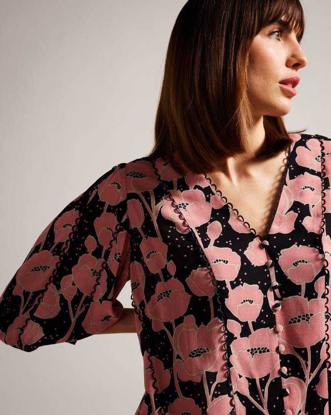 apģērbs Ted Baker stephii v kakla blūze ar magoņu apdruku melns sievietes 26TV135