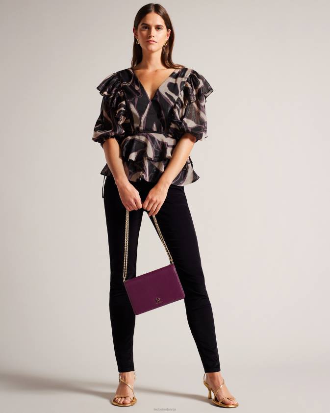 apģērbs Ted Baker jasmyna volānveida v-veida kakla tops ar sasienamu jostasvietu melns sievietes 26TV48