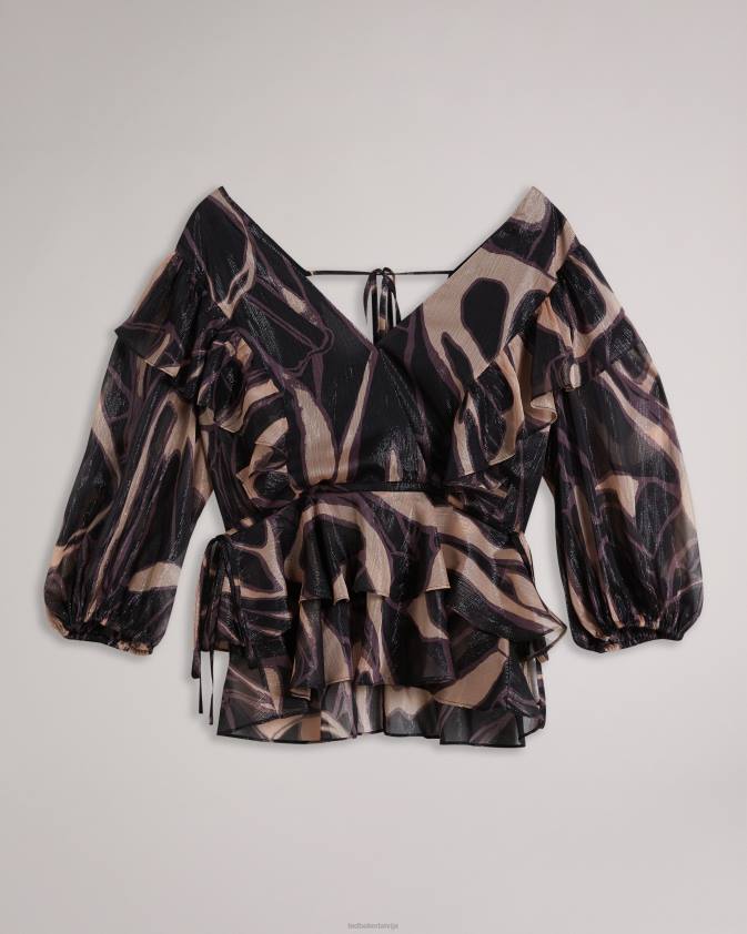 apģērbs Ted Baker jasmyna volānveida v-veida kakla tops ar sasienamu jostasvietu melns sievietes 26TV48