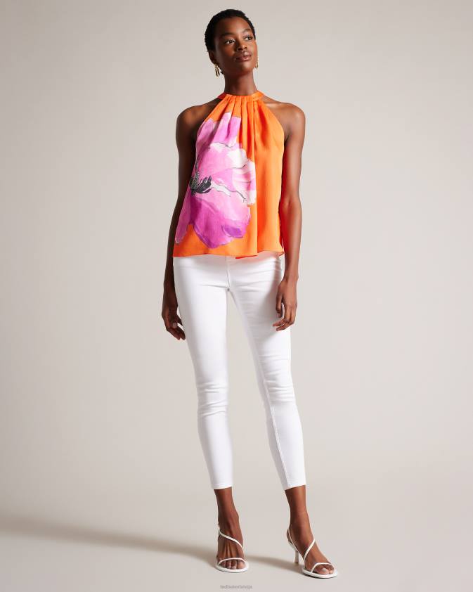 apģērbs Ted Baker milenaa kroku ziedu halter kakla tops spilgti oranža sievietes 26TV5