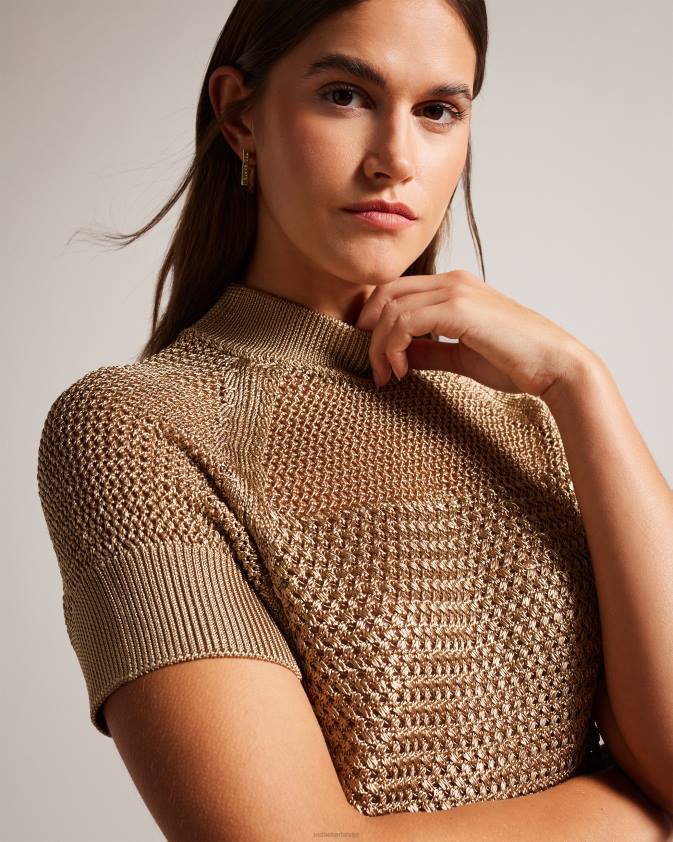 apģērbs Ted Baker abaly basket stitch tops ar īsām piedurknēm brūni iedegums sievietes 26TV238