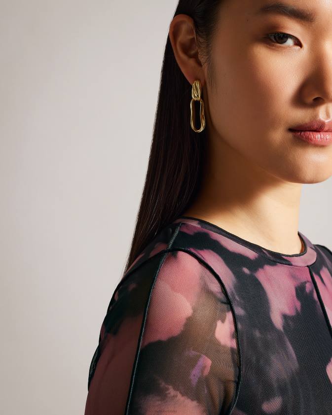 apģērbs Ted Baker aleeina ar garām piedurknēm abstraktu apdruku tīklveida tops melns sievietes 26TV414