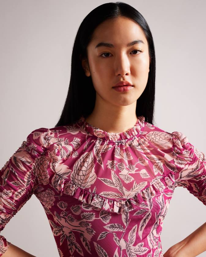 apģērbs Ted Baker izabelo apdrukāts tīklveida tops ar volāniem spilgti rozā sievietes 26TV87