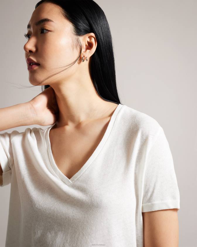 apģērbs Ted Baker laliita v kakla kokvilnas un lina t-krekls balts sievietes 26TV475