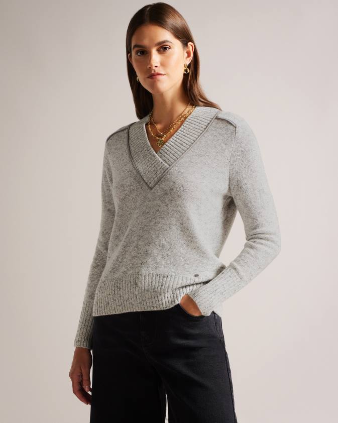 apģērbs Ted Baker noryah džemperis ar garām piedurknēm un kakla izgriezumu pelēkais merģelis sievietes 26TV354