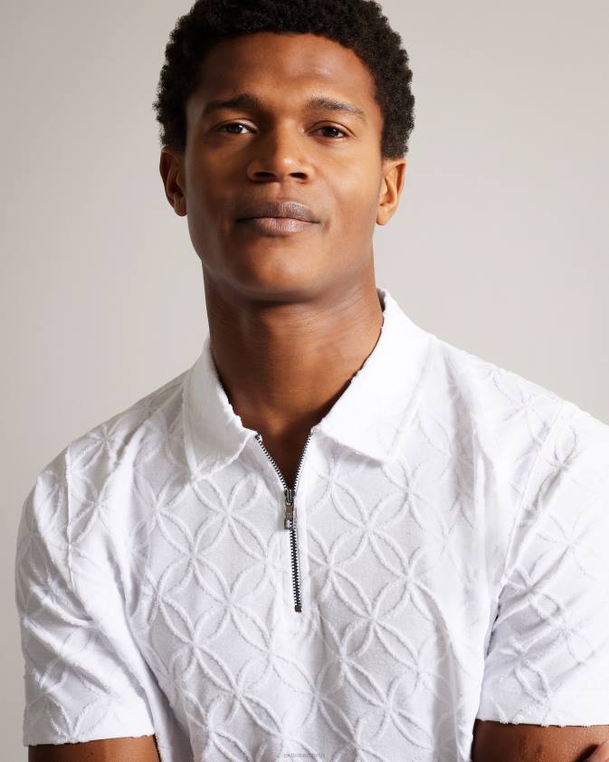 apģērbs Ted Baker maroc žakarda polo krekls ar rāvējslēdzēju ar īsām piedurknēm balts vīriešiem 26TV1404