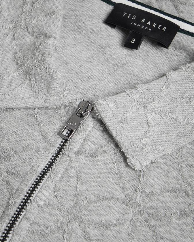 apģērbs Ted Baker maroc žakarda polo krekls ar rāvējslēdzēju ar īsām piedurknēm pelēkais merģelis vīriešiem 26TV1515