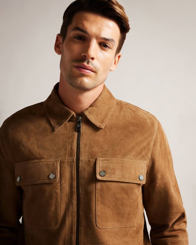 apģērbs Ted Baker Thierry zamšādas rāvējslēdzējs caur siksnu kamielis vīriešiem 26TV1598