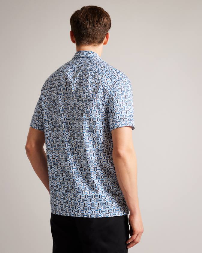 apģērbs Ted Baker astun kokvilnas elastīgs krekls ar īsām piedurknēm zils vīriešiem 26TV1430