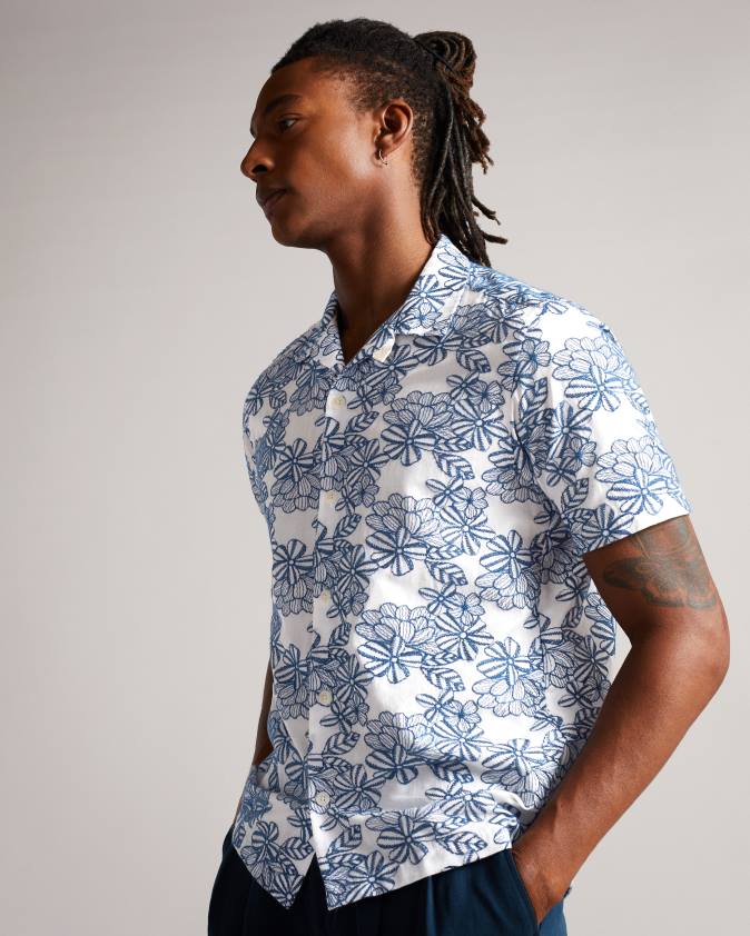 apģērbs Ted Baker mannor īsām piedurknēm ziedu izšūts krekls balts vīriešiem 26TV1400