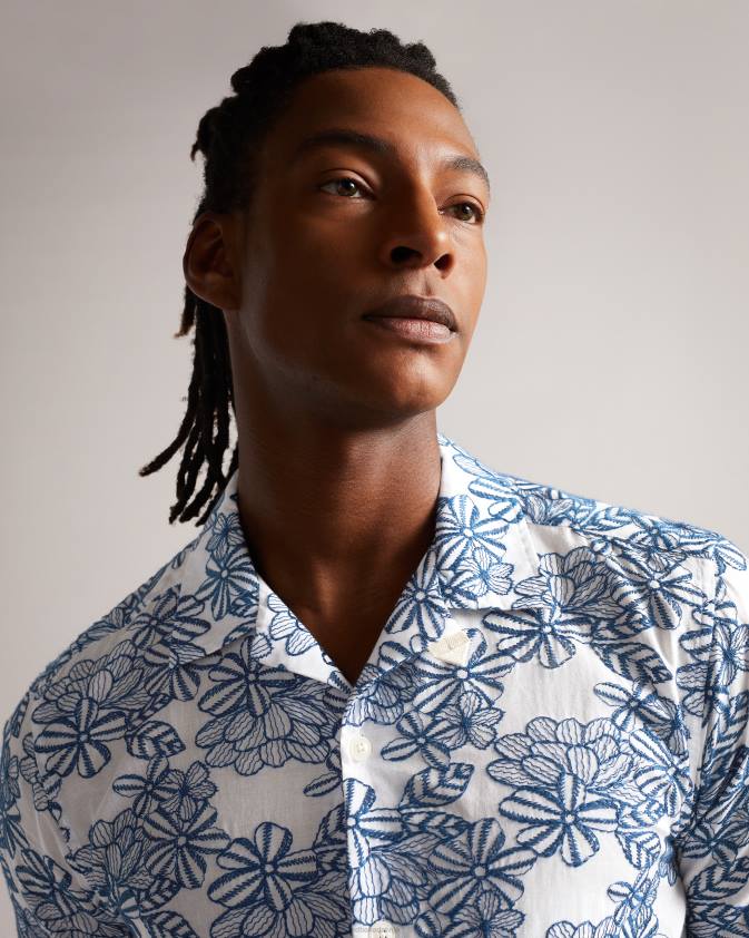 apģērbs Ted Baker mannor īsām piedurknēm ziedu izšūts krekls balts vīriešiem 26TV1400