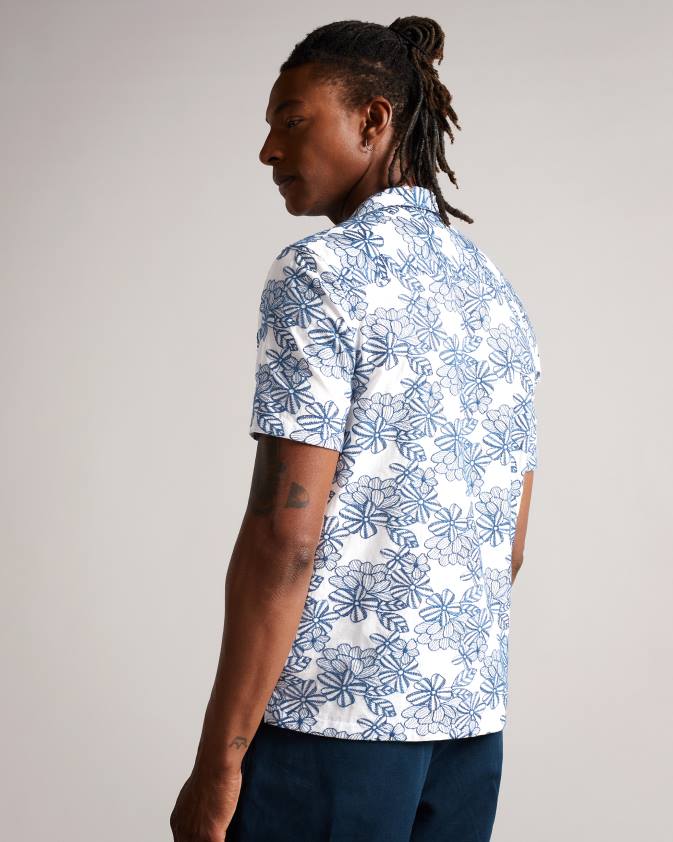 apģērbs Ted Baker mannor īsām piedurknēm ziedu izšūts krekls balts vīriešiem 26TV1400