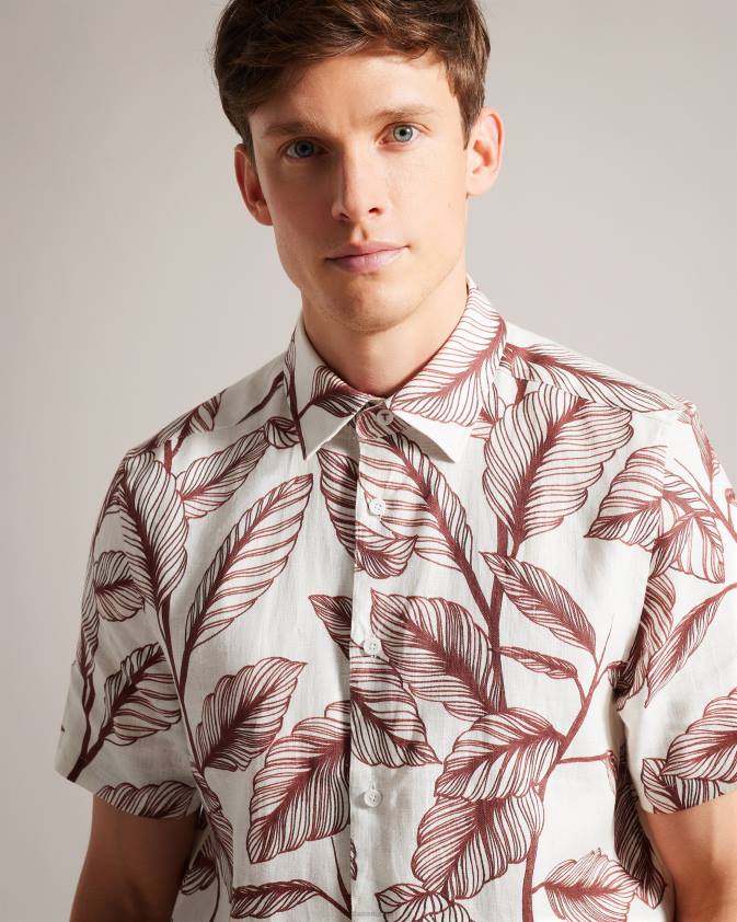 apģērbs Ted Baker tagus lina krekls ar īsām piedurknēm tumši oranžs vīriešiem 26TV1618