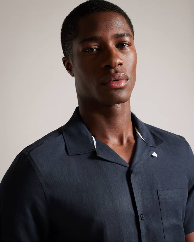 apģērbs Ted Baker wesland īsām piedurknēm tencel lina revera apkakles krekls flote vīriešiem 26TV1389