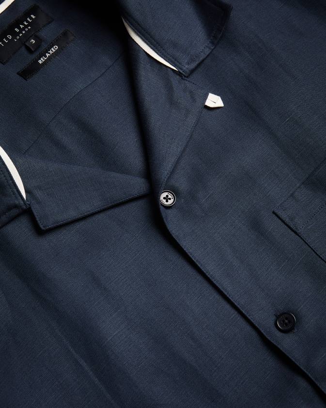 apģērbs Ted Baker wesland īsām piedurknēm tencel lina revera apkakles krekls flote vīriešiem 26TV1389