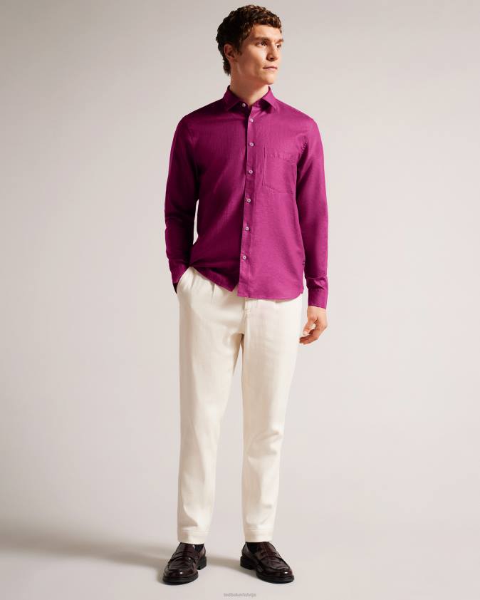 apģērbs Ted Baker piezīme lina krekls ar garām piedurknēm dziļi violets vīriešiem 26TV1716